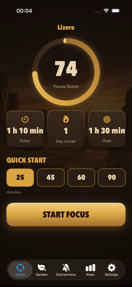 Lizero home screen with Focus Score, streak and quick start buttons